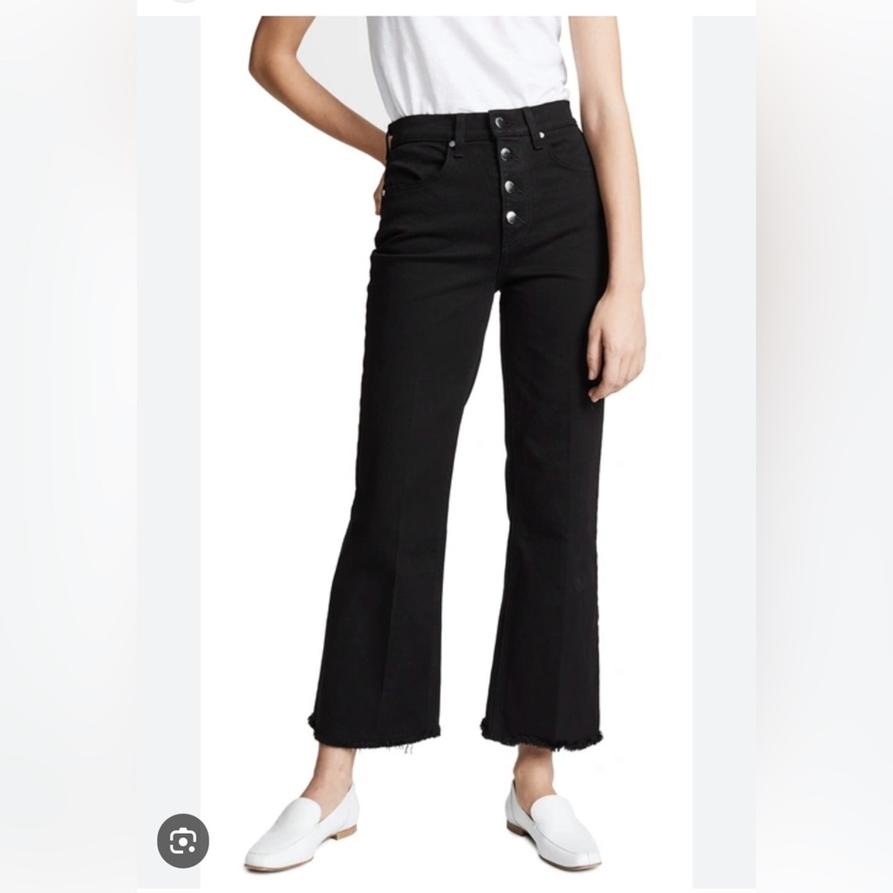 Rag & Bone wide leg black denim with exposed button fly and raw hem. Size 26